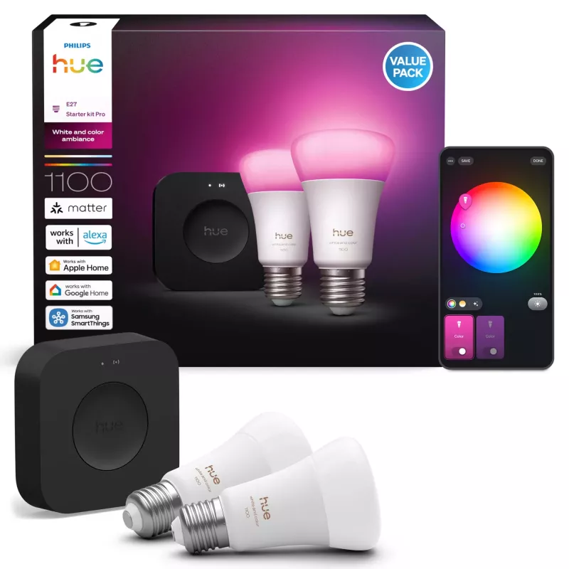 Philips Hue White and Colour Ambiance Starter-Set, Hue Bridge Pro + 2 x E27 A60 LED-Lampen, Bluetooth/Zigbee, 1100 lm