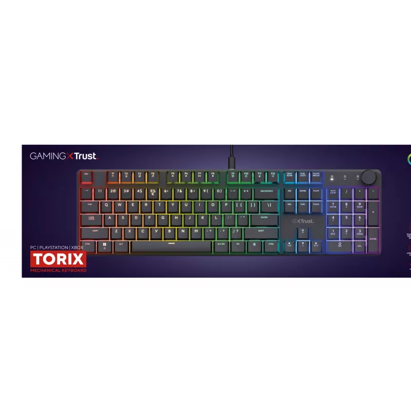 Trust GXT 866 Torix 24910 mechanische Gaming-Tastatur, kabelgebunden USB, beleuchtet, QWERTY US International, Schwarz