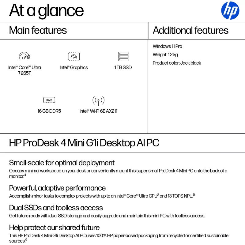 HP ProDesk 4 Mini G1i AI BY7D1ET Mini-PC, Intel Core Ultra 7 265T, 16 GB DDR5 5600, 1 TB SSD, Intel Graphics, Windows 11 Pro, schwarz