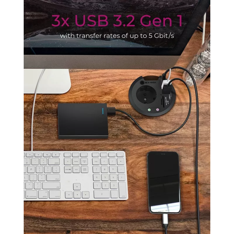 ICY BOX IB-HUB1430-CR In-Desk USB 3.2 Gen 1 Multiport-Hub, Schwarz