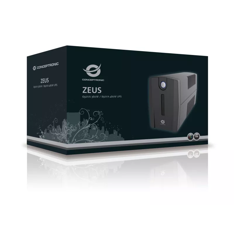 Conceptronic ZEUS01ES USV, 650 VA (0,65 kVA), 360 W, 2x Schuko, HID USB, RJ45 Ein-/Ausgang, 220-240 V, Schwarz