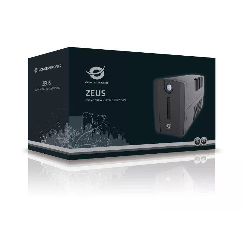 Conceptronic ZEUS02ES Line-Interaktiv-USV, 850 VA (0,85 kVA), 480 W, 2x Schuko, HID USB, RJ45 Ein-/Ausgang, 220-240 V, Schwarz