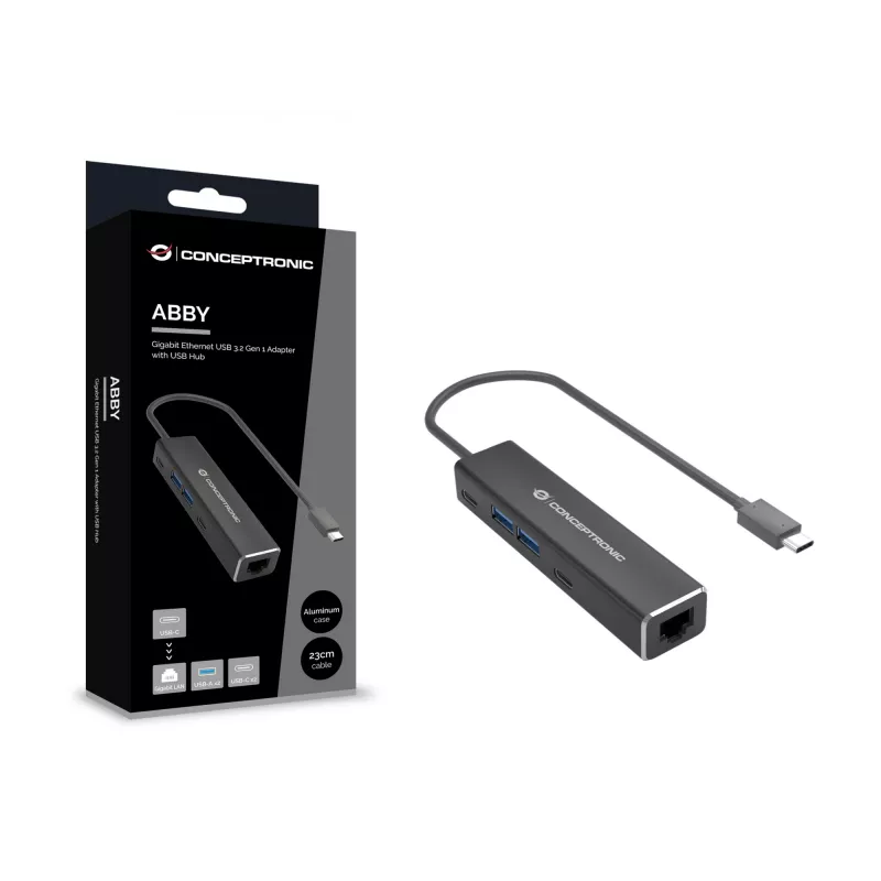 Conceptronic ABBY13B Gigabit Ethernet USB 3.2 Gen 1 Adapter mit USB-Hub, GbE, USB-A x 2, USB-C x 2