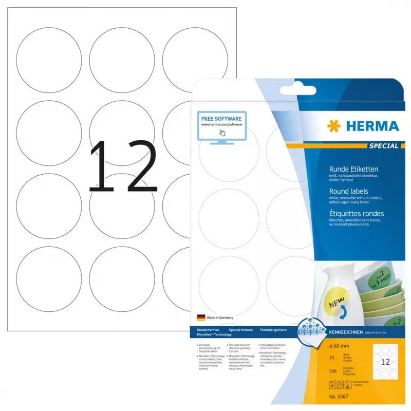 Selbstklebende Etiketten HERMA 5067 A4 Ø 60 mm rund weiß