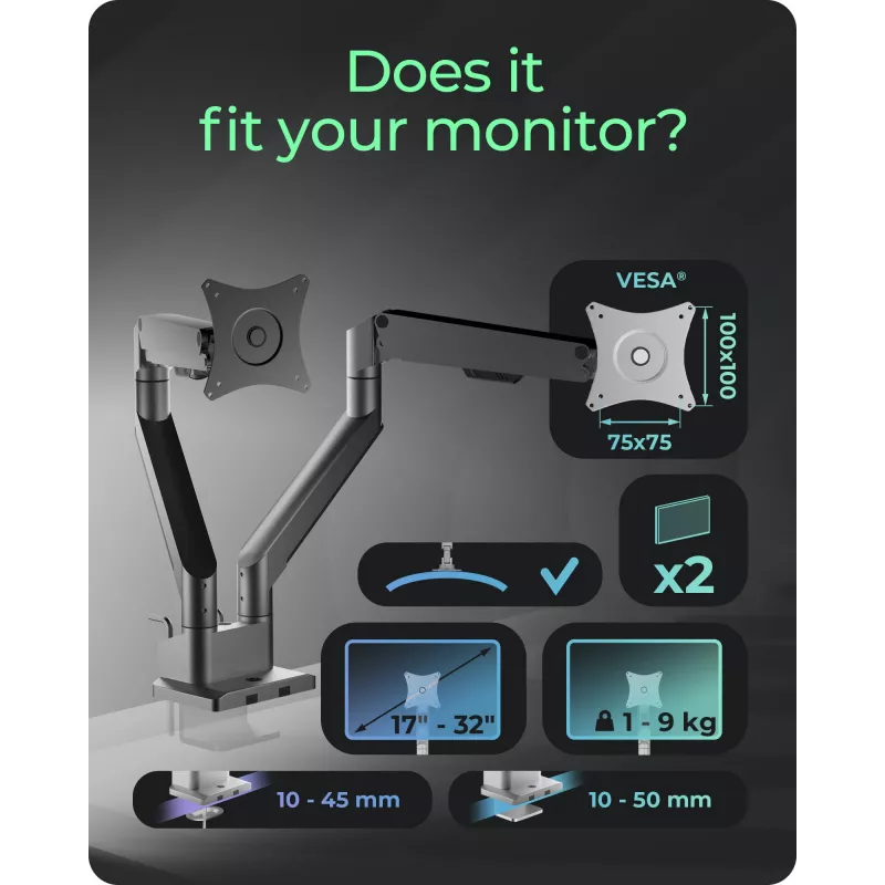 Monitorhalterung icybox 61085 für 2 Monitore mit Tischbefestigung – Zweiarm-Tischmonitorhalterung