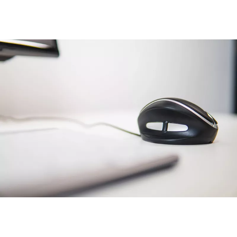 BakkerElkhuizen Oyster Kabelmaus, beidhändig, vertikales Design, Laser, USB Typ-A, 1200 DPI, Schwarz, Silber