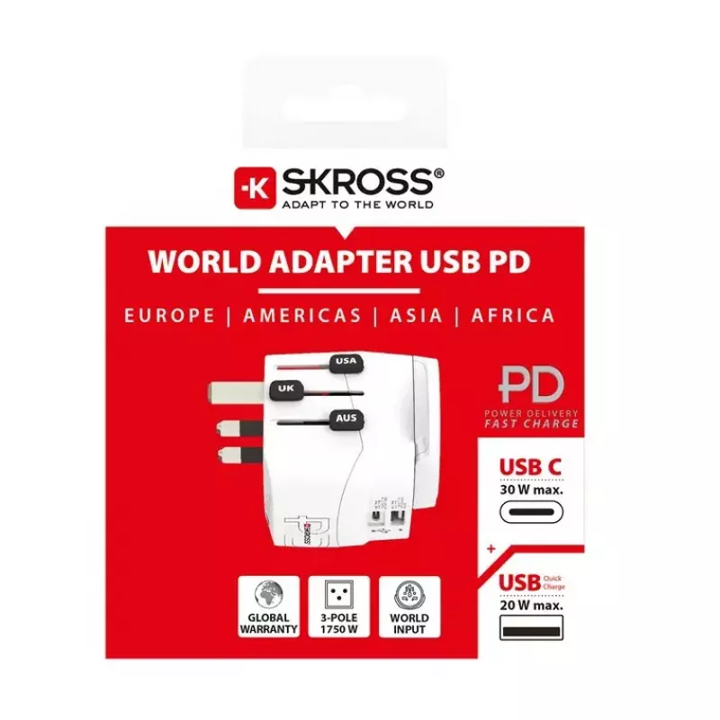 Skross Pro Light USB AC30PD World Reiseadapter, weiß
