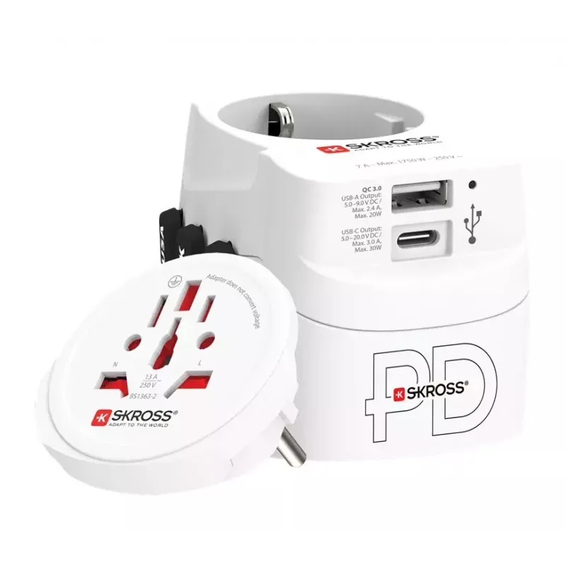 Skross Pro Light USB AC30PD World Reiseadapter, weiß