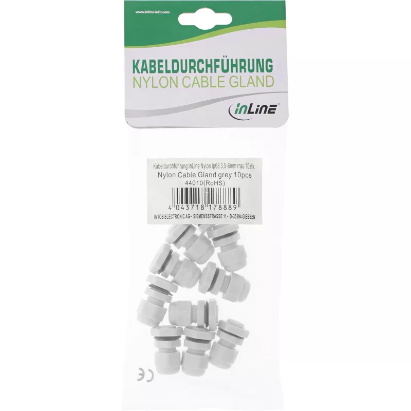 Kabelverschraubung InLine 6–12 mm Nylon IP68 grau, 10er-Pack, Außendurchmesser 12 mm