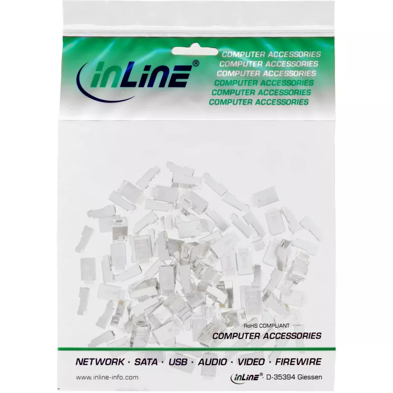 Stecker 8P8C RJ45 männlich geschirmt für Rundkabel, InLine, 10er-Pack, silber