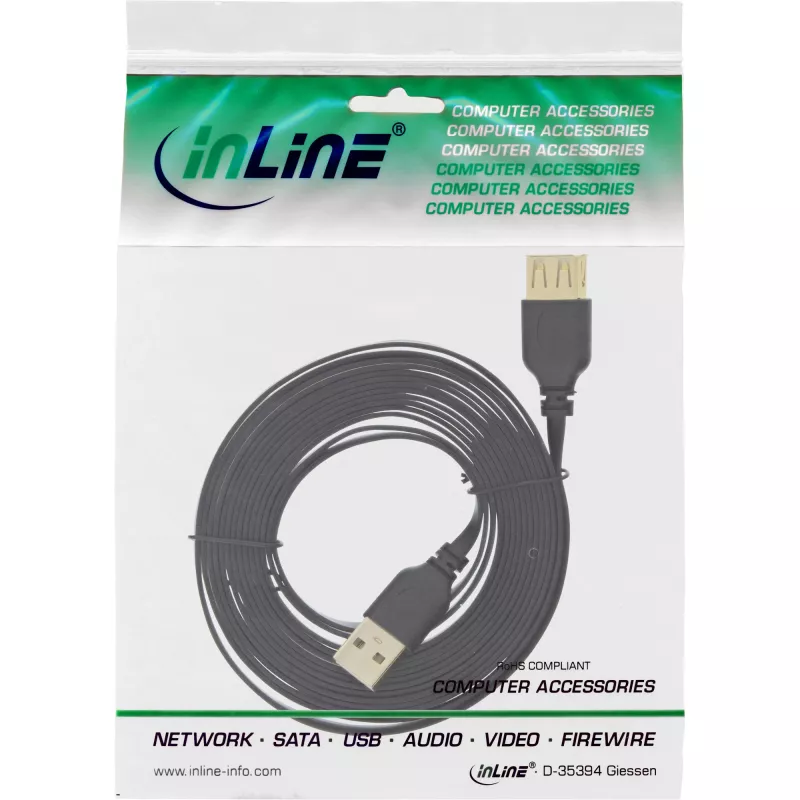 InLine USB 2.0 Flachkabel Typ A Stecker / Buchse goldbeschichtet schwarz 0,5 m