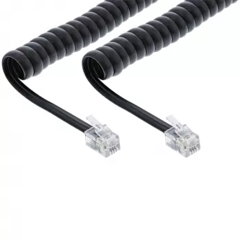 InLine Spiralkabel RJ10 direkt belegt Stecker / Stecker, schwarz, bis zu 2m