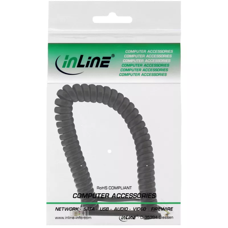 InLine Spiralkabel RJ10 direkt belegt Stecker / Stecker, schwarz, bis zu 2m