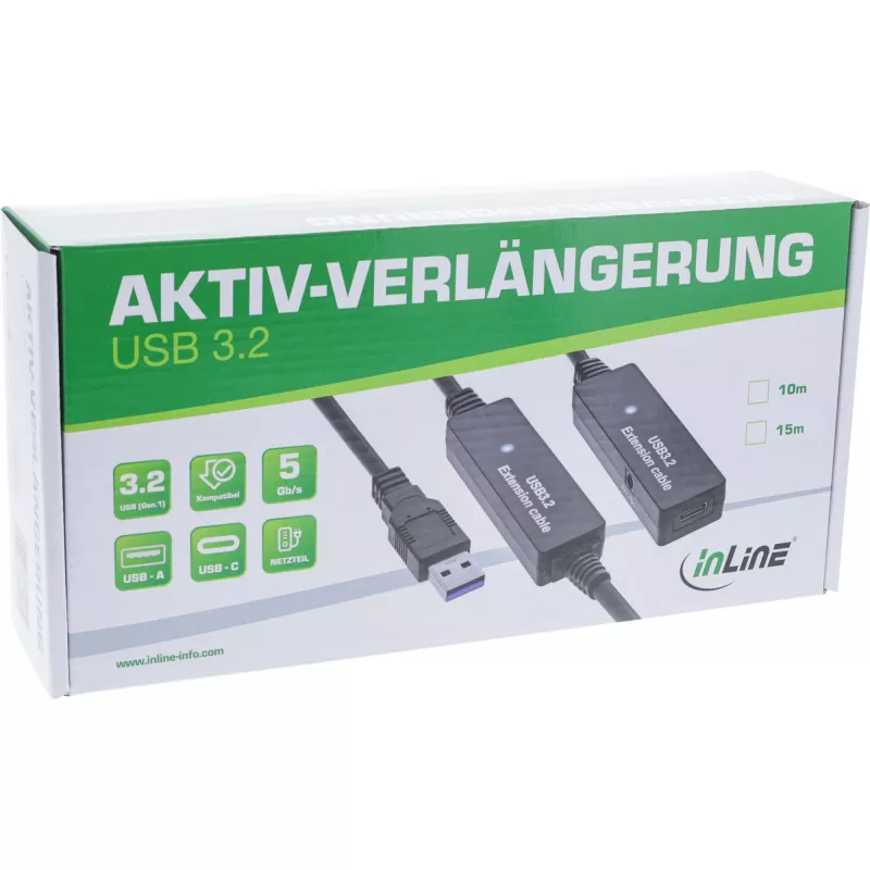 InLine USB 3.2 Gen.1 aktive Verlängerung, USB-A Stecker auf USB-C Buchse, 10 m