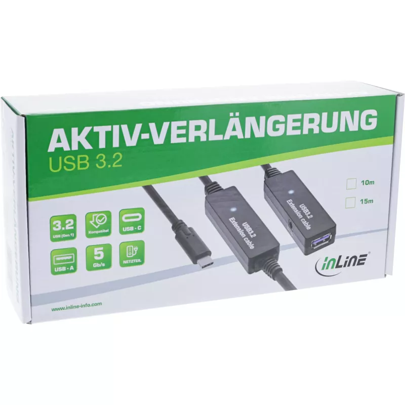 InLine USB 3.2 Gen.1 aktive Verlängerung, USB-C Stecker auf USB-A Buchse, 15 m