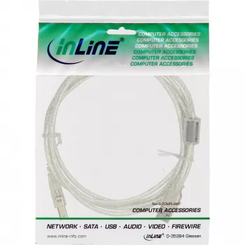 InLine USB 2.0 Kabel Typ A Stecker / B Stecker transparent, Ferritkern, 5m
