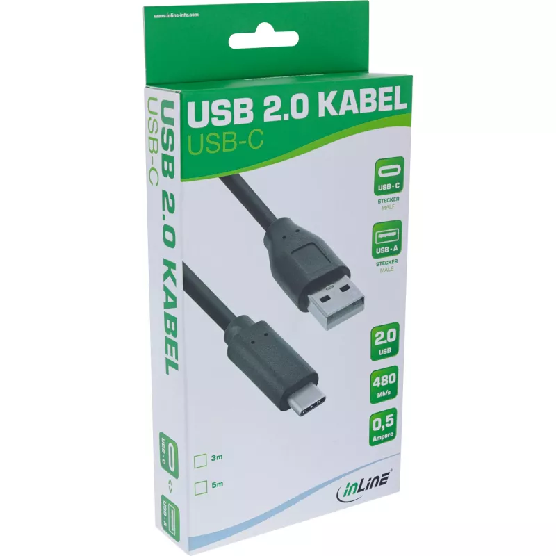 InLine USB-2.0-Kabel, USB-C Stecker / USB-A Stecker, schwarz, 5m
