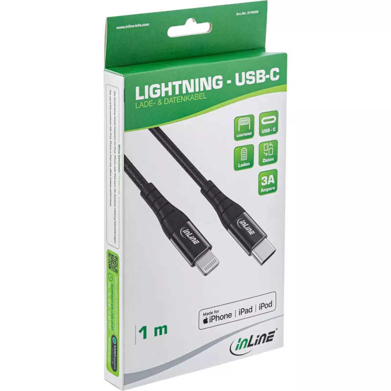 InLine USB-C Lightning Kabel, für iPad, iPhone, iPod, schwarz/Aluminium, 1m MFi