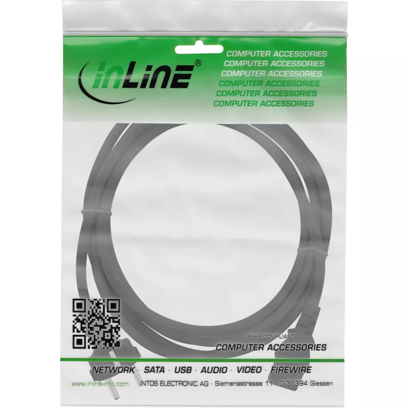 InLine Netzkabel, CEE 7/7 gerade / 3-polig IEC C13 Stecker, schwarz, 0,3 m