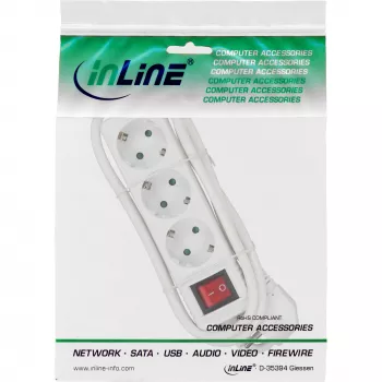 InLine Steckdosenleiste, 3-fach Schutzkontakt CEE 7/3, mit Schalter, weiß, 1,5 m