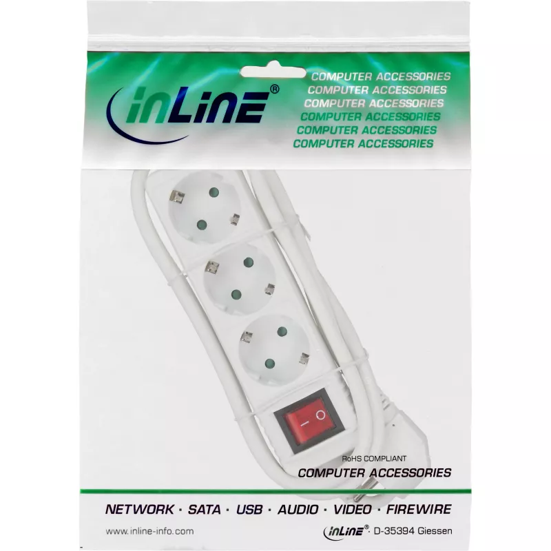 InLine Steckdosenleiste, 3-fach Schutzkontakt CEE 7/3, mit Schalter, weiß, 1,5 m