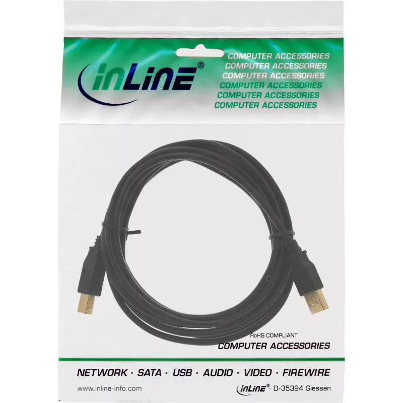 InLine USB 2.0 Kabel Typ A Stecker / Typ B Stecker, Schwarz, Vergoldet, 0,5 m (34505S)