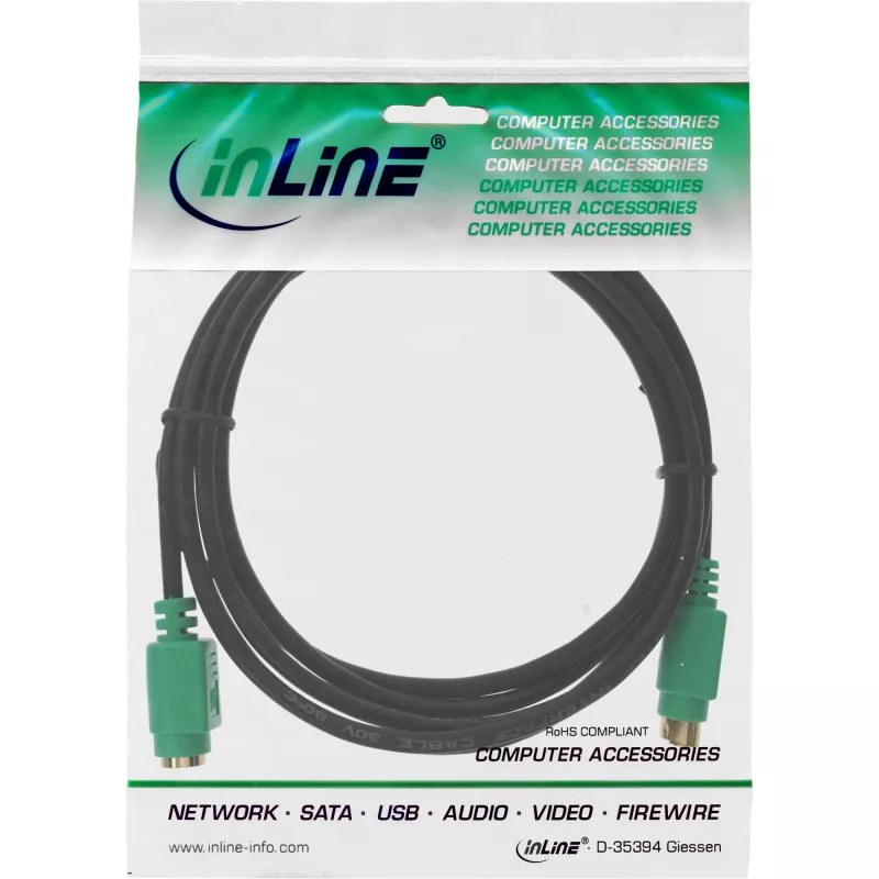 InLine PS/2-Kabel, M/F, schwarz/grün, vergoldete Kontakte, 3 m