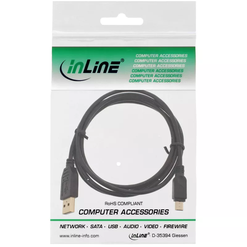 InLine USB 2.0 Mini-Kabel, Typ-A-Stecker / Mini-B-Stecker (5-polig), schwarz/gold, 1 m