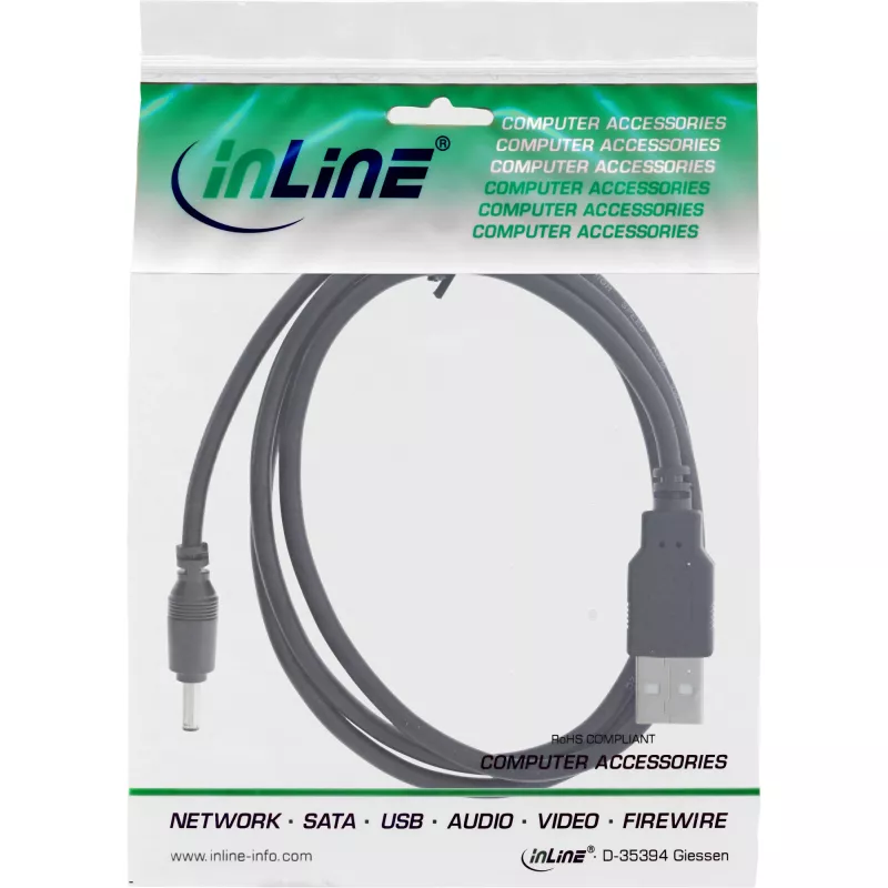 InLine Adapterkabel, USB-A-Stecker auf DC 5,5x2,10mm Stecker, schwarz, 1m
