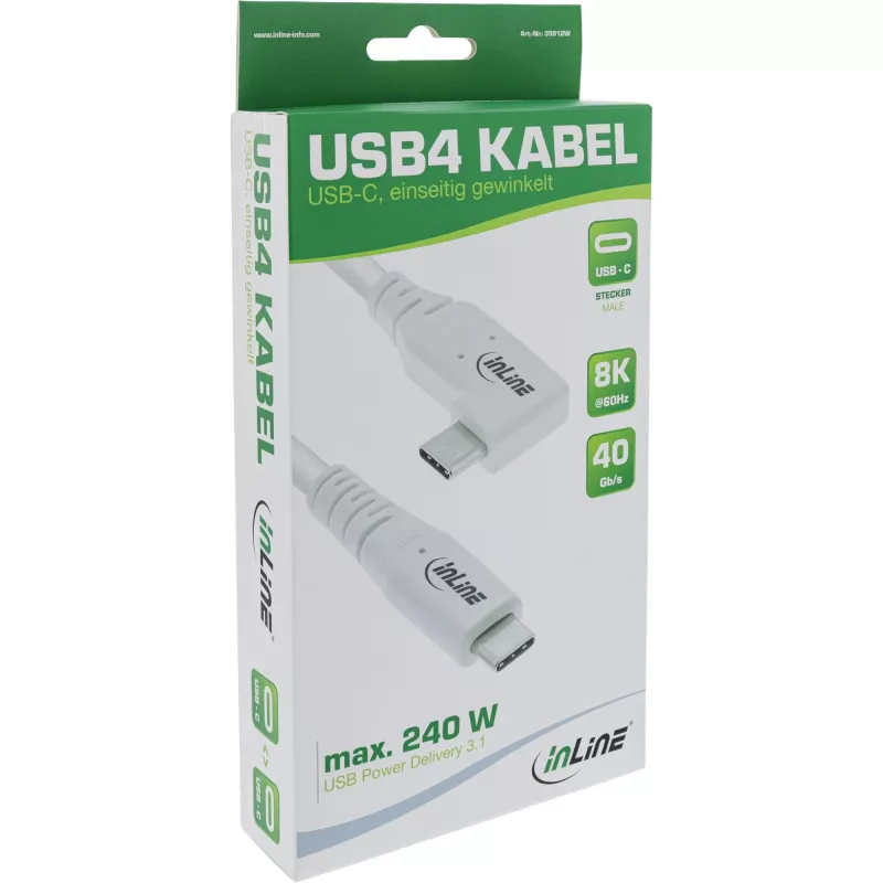 InLine USB4 Kabel, USB-C, einseitig abgewinkelt, PD 240W, 8K60Hz, TPE, weiß, 1m