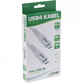 InLine USB4-Kabel, USB-C Stecker/Stecker, PD 240W, 8K60Hz, TPE, weiß, 0,5 m
