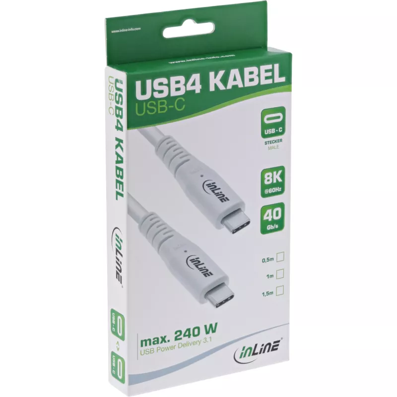 InLine USB4-Kabel, USB-C-Stecker/Stecker, PD 240W, 8K60Hz, TPE, weiß, 2m