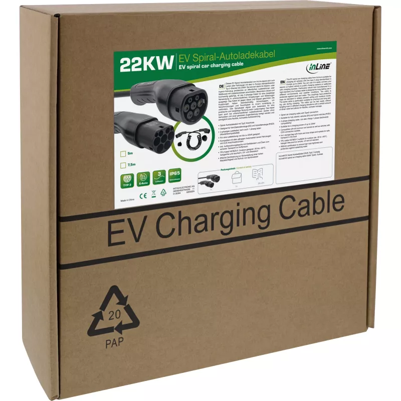 InLine EV Spiralkabel für Elektroautos 22 kW Typ 2, 3-phasig, 5 m