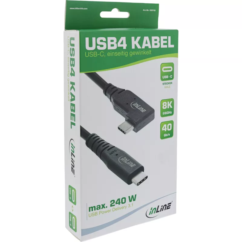 InLine USB4 Kabel, USB-C, einseitig abgewinkelt, PD 240W, 8K60Hz, TPE, schwarz, 1,5 m