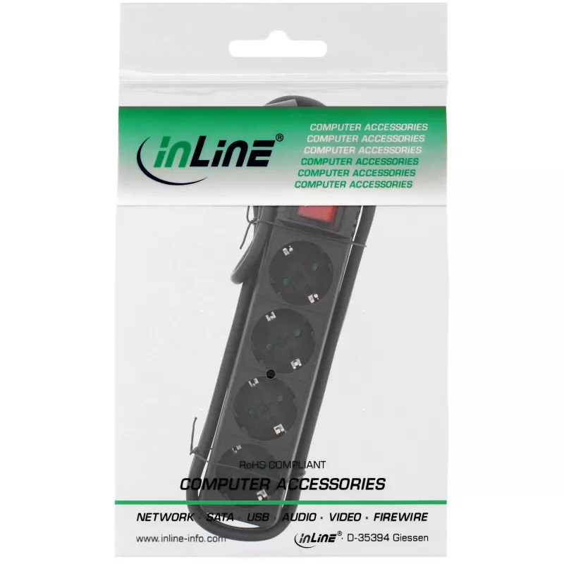 InLine Steckdosenleiste, 4-fach, 2x CEE7/3 + 2x Euro CEE 7/16, schwarz, 5m