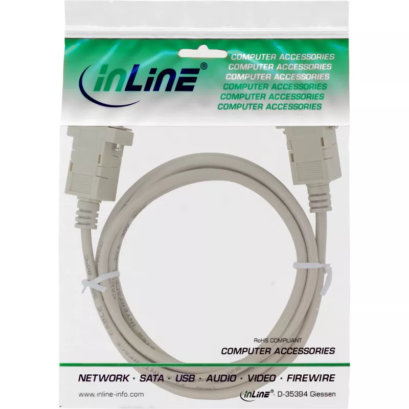 InLine Nullmodem-Kabel, DB9 Buchse/Buchse, geclipst, beige, 3 m
