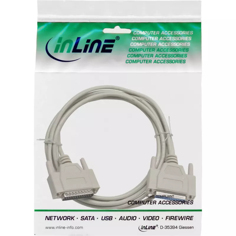 InLine serielles Kabel, vergossen, DB25-Stecker auf DB25-Buchse, direkt, grau, 30 m