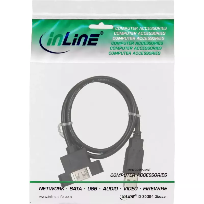 InLine USB 2.0 Kabel A Stecker auf A Buchse für Slotblech, 0,6 m, Schwarz, 120 Stück Bulk-Pack