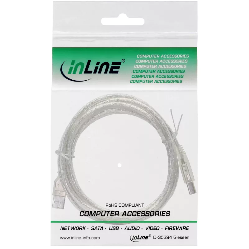 USB 2.0 Kabel Typ A Stecker / B Stecker InLine 34505T 0,5 m transparent