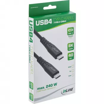 InLine USB4-Kabel, USB-C Stecker/Stecker, PD 240W, 8K60Hz, TPE schwarz 1m