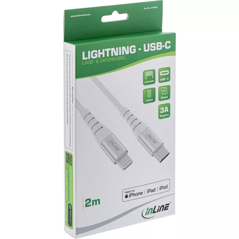 InLine USB-C Lightning Kabel, für iPad, iPhone, iPod, silber/Aluminium, 1m