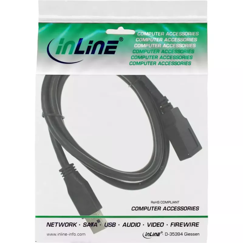InLine B-35610 USB 3.2 Verlängerungskabel A Stecker/Buchse, Schwarz, 1 m, Bulk Pack of 80
