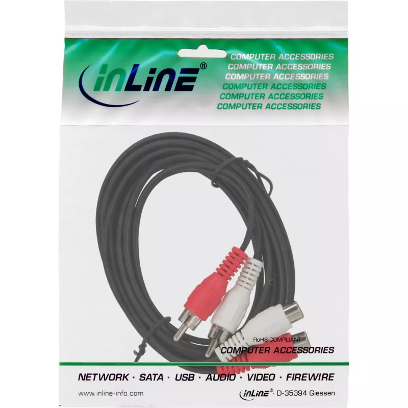 InLine Audio-Kabel 2x Cinch-Stecker / Buchse 2,5m, Stecker, 2 x Cinch, Buchse, 2,5 m, Schwarz