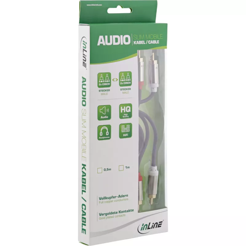 InLine schlank Audiokabel 2x RCA M/M, Stereo, 0,5m, 2 x RCA, Stecker, 2 x RCA + USB, Stecker, 0,5 m, Schwarz