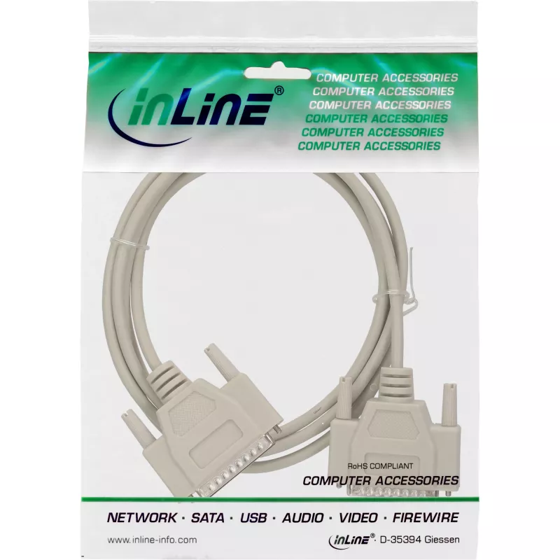 InLine serielles Kabel, vergossen, DB25 Stecker auf Stecker, direkt, grau, 10 m