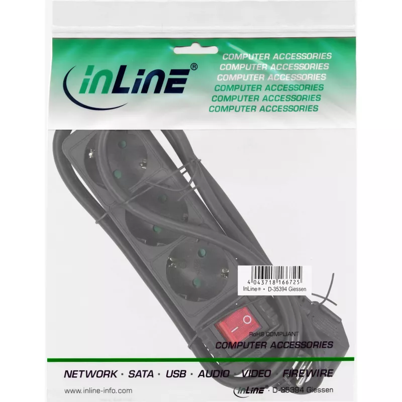 InLine Steckdosenleiste, 3-fach Schutzkontakt CEE 7/3, mit Schalter, schwarz, 5 m