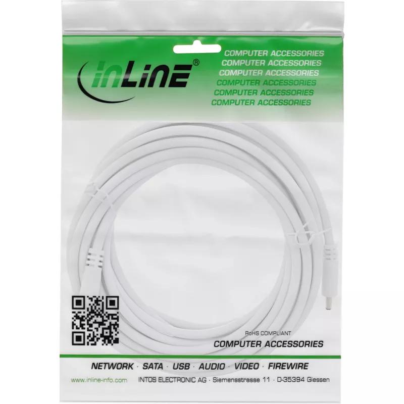 InLine DC-Verlängerungskabel, DC-Stecker/Buchse 3,5x1,35mm, AWG 18, weiß 3m