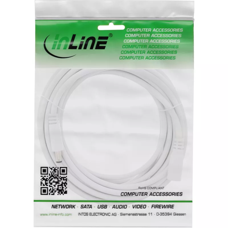 InLine DC-Verlängerungskabel, DC-Stecker/Buchse 5,5x2,5mm, AWG 18, weiß 3m
