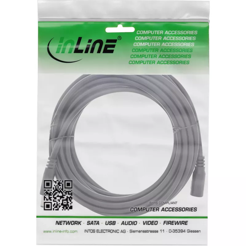 InLine DC-Verlängerungskabel, DC Stecker/Buchse 5,5x2,5mm, AWG 18, schwarz 5m