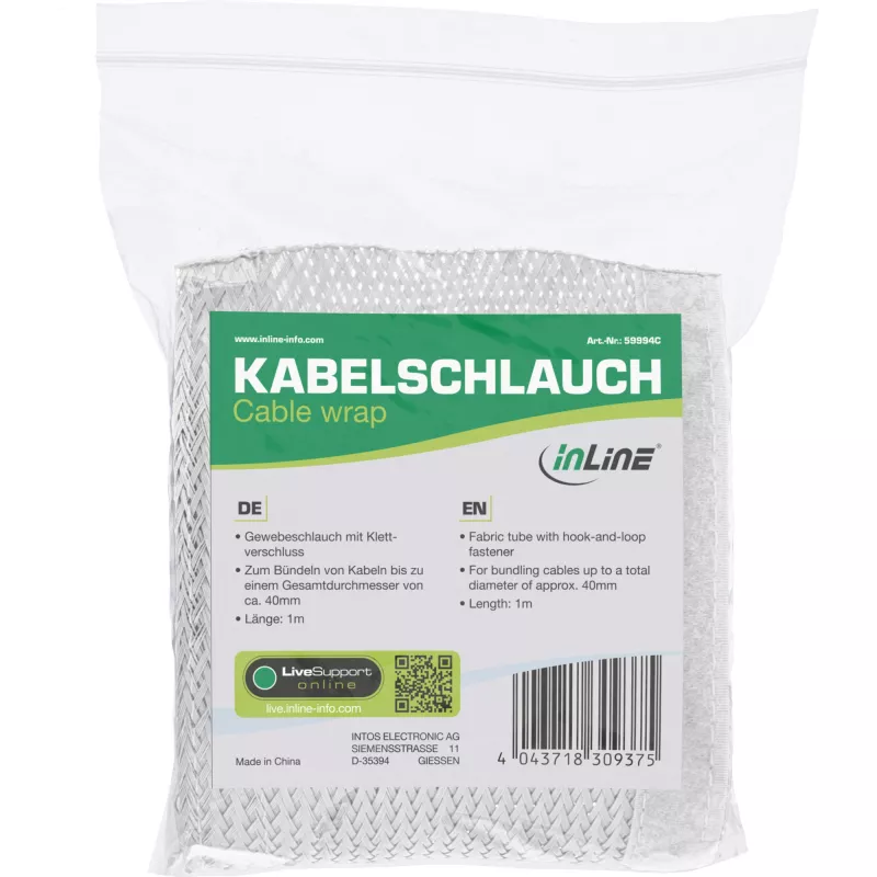 InLine Kabelkanal aus Stoff mit Klettverschluss, 1 m x 40 mm, Weiß